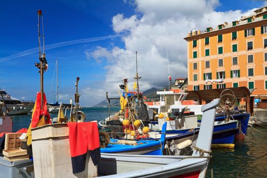 harbor with fishing boats in Camogli, famous small town in Liguria, Italy