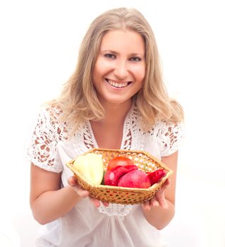 beautiful young woman with fruits and vegetables