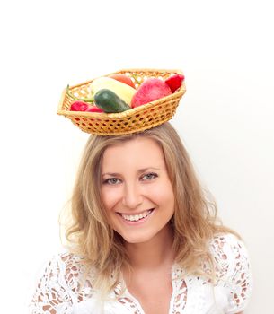 beautiful young woman with fruits and vegetables