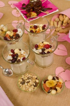 Healthy yogurt dessert served with assorted dried fruit