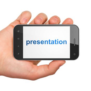 Advertising concept: hand holding smartphone with word Presentation on display. Generic mobile smart phone in hand on White background.