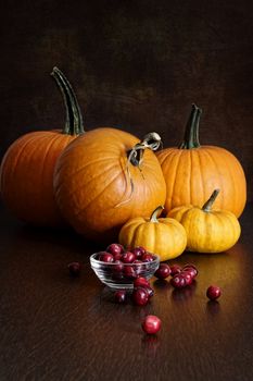 Pumpkins, gourds and cranberries on table