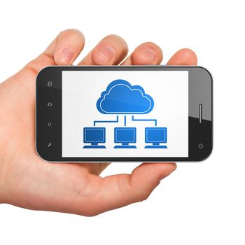 Cloud computing concept: hand holding smartphone with Cloud Network on display. Generic mobile smart phone in hand on White background.