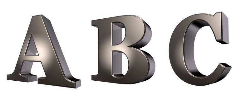 metal letters a, b and c on white background - 3d illustration