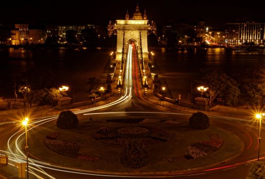 Night image with traffic of the hungarian chain Bridge extremly high donau