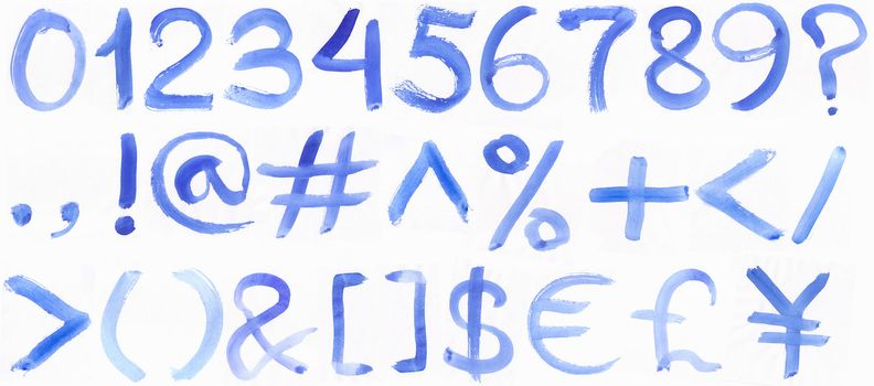 Handwritten Blue Watercolor ABC Alphabet / Painted Blue Watercolor Alphabet, Isolated.  Numbers 0, 1, 2, 3, 4, 5, 6, 7, 8, 9