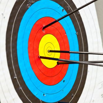 Archery target with arrow in the bullseye