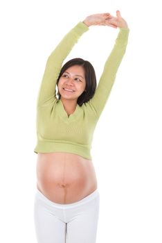 Maternity health concept. Asian pregnant woman arms stretching isolated on white background.