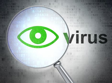 Privacy concept: magnifying optical glass with Eye icon and Virus word on digital background, 3d render