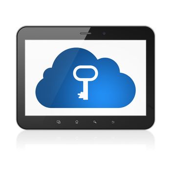 Cloud networking concept: black tablet pc computer with Cloud With Key icon on display. Modern portable touch pad on White background, 3d render