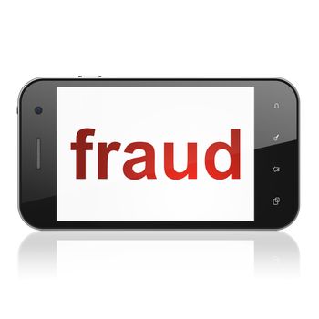 Security concept: smartphone with text Fraud on display. Mobile smart phone on White background, cell phone 3d render