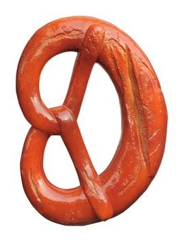 Appetizing wooden model of pretzel on white background