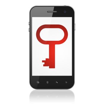 Protection concept: smartphone with Key icon on display. Mobile smart phone on White background, cell phone 3d render