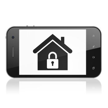 Security concept: smartphone with Home icon on display. Mobile smart phone on White background, cell phone 3d render