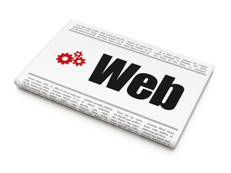 Web design news concept: newspaper headline Web and Gears icon on White background, 3d render