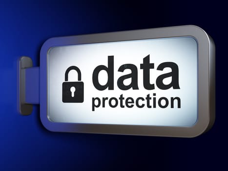 Protection concept: Data Protection and Closed Padlock on advertising billboard background, 3d render