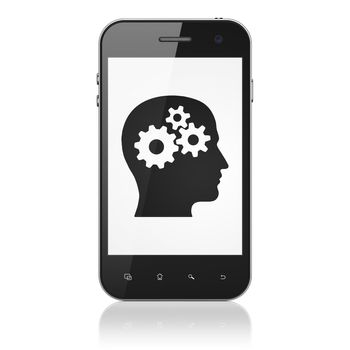 Advertising concept: smartphone with Head With Gears icon on display. Mobile smart phone on White background, cell phone 3d render