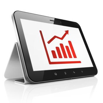 News concept: black tablet pc computer with Growth Graph icon on display. Modern portable touch pad on White background, 3d render