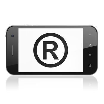 Law concept: smartphone with Registered icon on display. Mobile smart phone on White background, cell phone 3d render