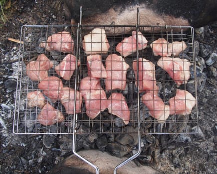barbecue meat slices prepare on fire 
