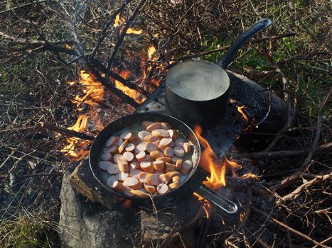 Frying pan and a pot on the fire