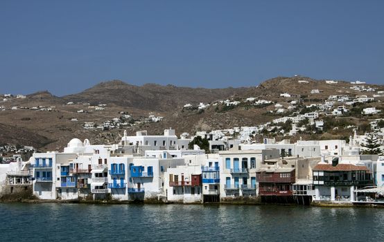 View on mysterious Mykonos city and a sea, Greece