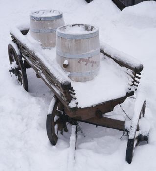 dray horse with barrels in the snow