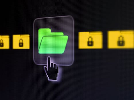 Safety concept: pixelated Folder With Padlock icon on button with Hand cursor on digital computer screen, selected focus 3d render