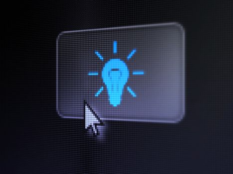 Finance concept: pixelated Light Bulb on button with Arrow cursor on digital computer screen, selected focus 3d render