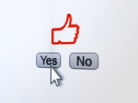 Social network concept: buttons yes and no with pixelated Like icon and Arrow cursor on digital computer screen, selected focus 3d render