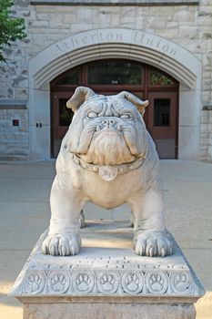 INDIANAPOLIS, INDIANA - JULY 30: Bulldog statue in front of the Atherton Union building at Butler University, July 30, 2011. This statue of the popular school mascot is a gift from the class of 1996.