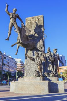 Bullfighter sculpture in front of Bullfighting arena Plaza de Toros de Las Ventas in Madrid, Spain