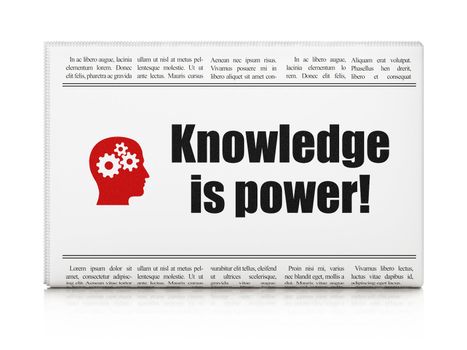 Education news concept: newspaper headline Knowledge Is power! and Head With Gears icon on White background, 3d render