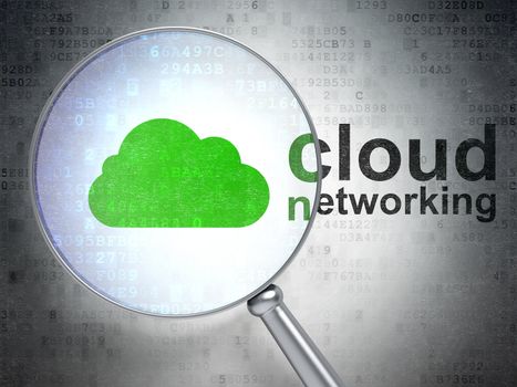 Cloud computing concept: magnifying optical glass with Cloud icon and Cloud Networking word on digital background, 3d render