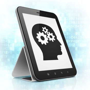 Advertising concept: black tablet pc computer with Head With Gears icon on display. Modern portable touch pad on Blue Digital background, 3d render