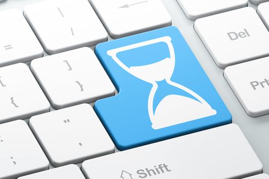 Timeline concept: Enter button with Hourglass on computer keyboard background, 3d render