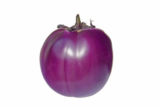 Close image of a violet round aubergine on white