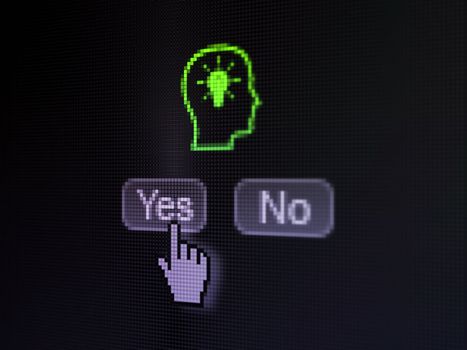 Education concept: buttons yes and no with pixelated Head With Lightbulb icon and Hand cursor on digital computer screen, selected focus 3d render