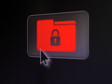 Business concept: pixelated Folder With Lock on button with Arrow cursor on digital computer screen, selected focus 3d render