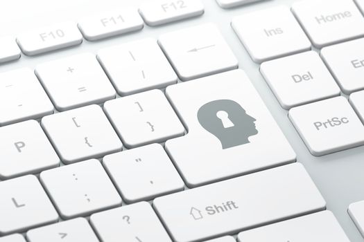Security concept: enter button with Head With Keyhole on computer keyboard background, 3d render, selected focus