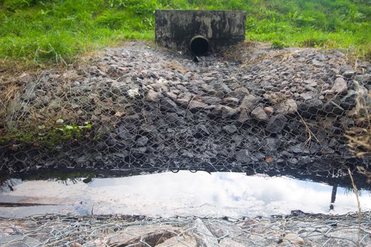 engine oil follows from a pipe in the wood