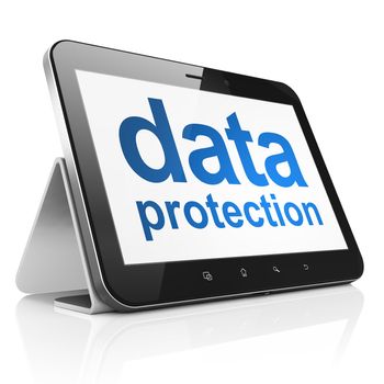 Protection concept: black tablet pc computer with text Data Protection on display. Modern portable touch pad on White background, 3d render