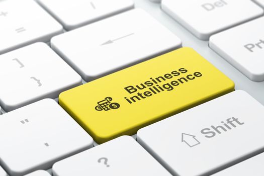 Business finance concept: computer keyboard with Calculator icon and word Business Intelligence, selected focus on enter button, 3d render