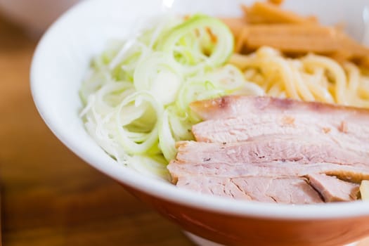 ramen japanese food style pork onion sliceed noodle eat with miso soup