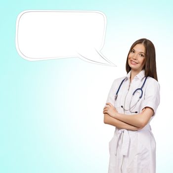 young woman doctor says cloud over his head, place for text