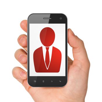 Business concept: hand holding smartphone with Business Man on display. Generic mobile smart phone in hand on White background.