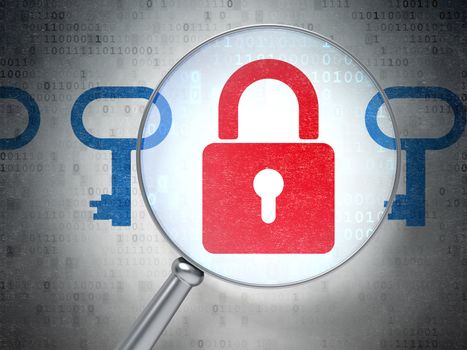 Magnifying optical glass with Padlock And Key icons on digital background, 3d render