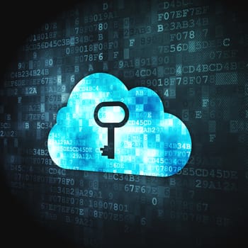 Cloud computing concept: pixelated Cloud Whis Key icon on digital background, 3d render