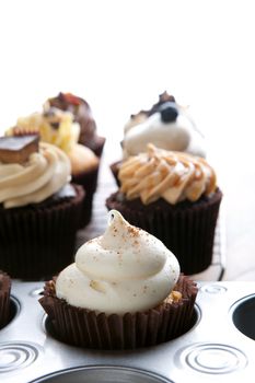 Close up of some decadent gourmet cupcakes frosted with a variety of frosting flavors. Shallow depth of field.