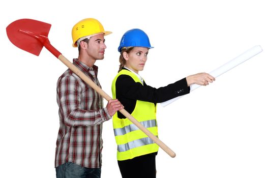 Building worker and woman supervising work on white background